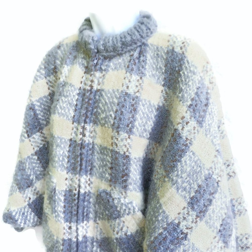 Vintage Sweater Jacket Wool Gray Cream Plaid Full Zip Crew Neck Pockets Ireland